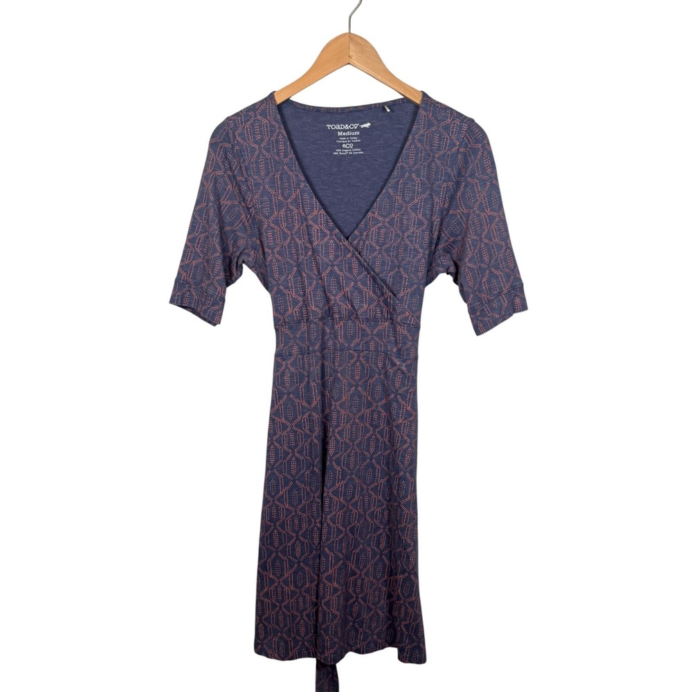 Toad & Co Cue Wrap Cafe Dress Size Medium Purple Pink Short Sleeve V-Neck Cotton